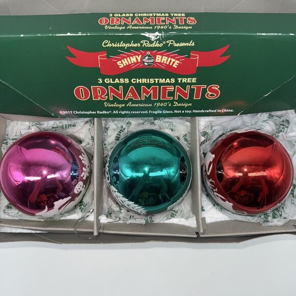 3 Shiny Brite Christopher Radko 3" Glass Ball Ornament Ombré Flocked MintConditn - Picture 6 of 8